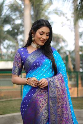 Koram Blue Bandhej kanjivaram silk blendBandhej With Kanjivaram Border With Zari Weaving Saree With Blouse For Women 2