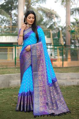 Koram Blue Bandhej kanjivaram silk blendBandhej With Kanjivaram Border With Zari Weaving Saree With Blouse For Women 3