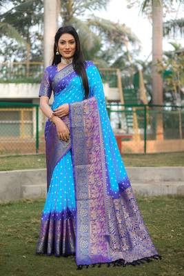 Koram Blue Bandhej kanjivaram silk blendBandhej With Kanjivaram Border With Zari Weaving Saree With Blouse For Women 5