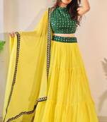 Yellow Three Lair Frill Georgette Lehenga Choli with Dupatta