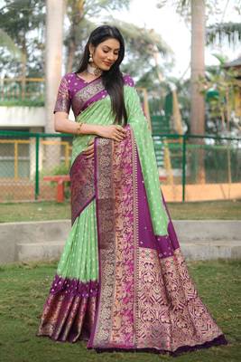 Koram Green Bandhej kanjivaram silk blendBandhej With Kanjivaram Border With Zari Weaving Saree With Blouse For Women 3