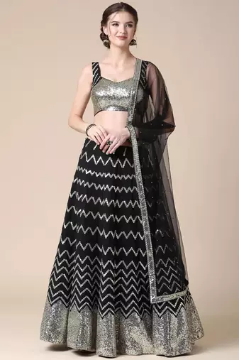 Black Sequence with Thread Zari Embroidery Georgette Lehenga Choli with Dupatta