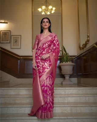 Rajtex Pink Woven Organza-Sarees With Blouse 1