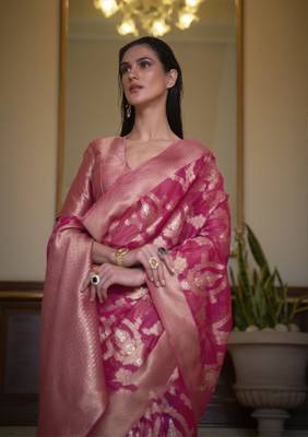 Rajtex Pink Woven Organza-Sarees With Blouse 2