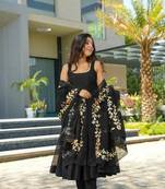 Yash Cotton Floral Embroidered Black Anarkali Kurta Set