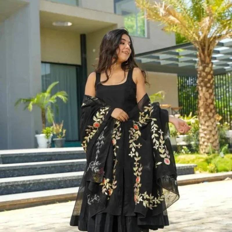 Yash Cotton Floral Embroidered Black Anarkali Kurta Set