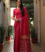 Koram Pink Bandhej Silk Zari Weaving Border With Zari Weaving Pallu Saree With Blouse For Women