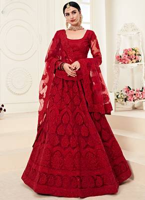 Red Net Embroidered Stonework Wedding Lehenga 1