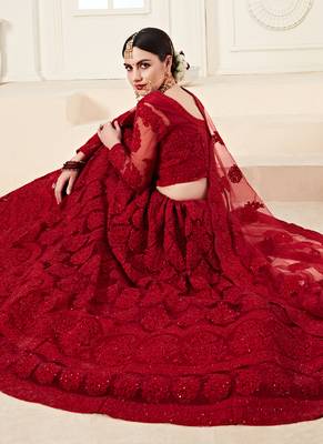 Red Net Embroidered Stonework Wedding Lehenga 2