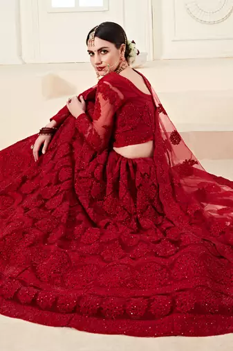 Red Net Embroidered Stonework Wedding Lehenga