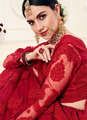 Red Net Embroidered Stonework Wedding Lehenga 3