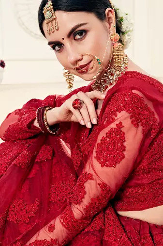 Red Net Embroidered Stonework Wedding Lehenga