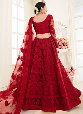 Red Net Embroidered Stonework Wedding Lehenga 4