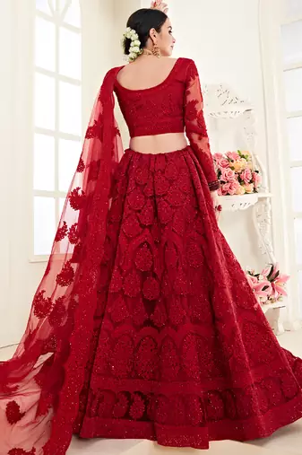 Red Net Embroidered Stonework Wedding Lehenga