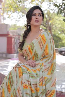 Multicolor chiffon geometric print/block print saree with unstitched blouse piece 1