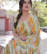 Multicolor chiffon geometric print/block print saree with unstitched blouse piece