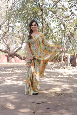 Multicolor chiffon geometric print/block print saree with unstitched blouse piece 2