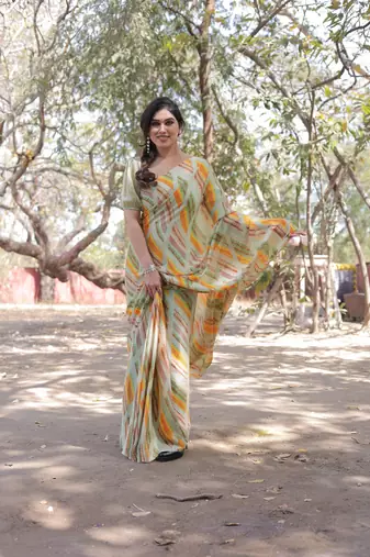 Multicolor chiffon geometric print/block print saree with unstitched blouse piece