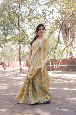 Multicolor chiffon geometric print/block print saree with unstitched blouse piece 3