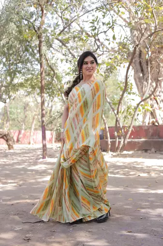 Multicolor chiffon geometric print/block print saree with unstitched blouse piece