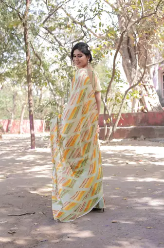 Multicolor chiffon geometric print/block print saree with unstitched blouse piece