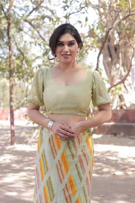 Multicolor chiffon geometric print/block print saree with unstitched blouse piece 5