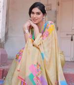 Beige Chiffon Block Printed Saree With Unstitched Blouse Piece Without Blouse