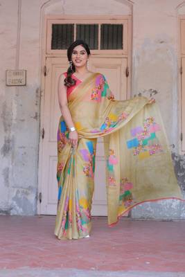 Beige Chiffon Block Printed Saree With Unstitched Blouse Piece Without Blouse 2