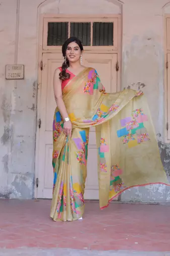 Beige Chiffon Block Printed Saree With Unstitched Blouse Piece Without Blouse