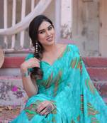 Turquoise Chiffon Geometric Print/Block Print Saree Without Blouse