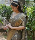 Brown Silk Blend Floral Print Block Print Golden Woven Border Saree Without Blouse