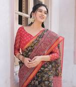 Black kota doria/polyester floral print golden zari border saree with unstitched blouse piece