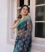 Navy blue kota doria/polyester floral print golden zari border saree with unstitched blouse piece