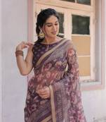 Dusty Purple Kota Doria/Polyester Floral Print Golden Zari Border Saree Without Blouse