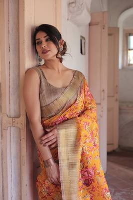 Orange Cotton Blend Floral Print Golden Zari Woven Border Saree Without Blouse 1