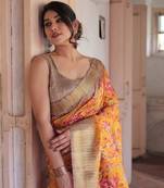Orange Cotton Blend Floral Print Golden Zari Woven Border Saree Without Blouse