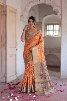 Orange Cotton Blend Floral Print Golden Zari Woven Border Saree Without Blouse 2