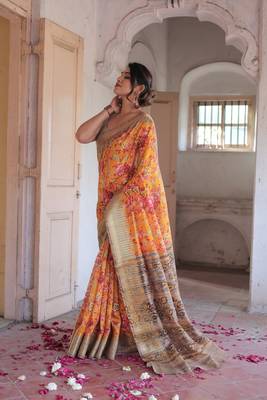 Orange Cotton Blend Floral Print Golden Zari Woven Border Saree Without Blouse 3