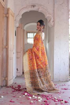 Orange Cotton Blend Floral Print Golden Zari Woven Border Saree Without Blouse 4
