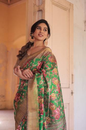 Green Cotton Blend Floral Print Golden Zari Woven Border Saree Without Blouse