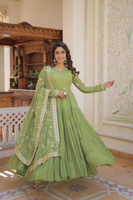 Parrot Green Color Designer Trending Georgette Gown Dupatta Collection 1