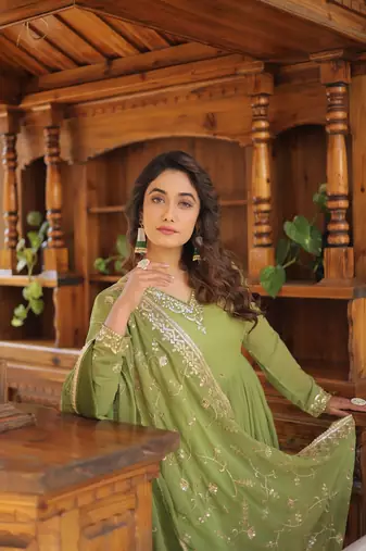 Parrot Green Color Designer Trending Georgette Gown Dupatta Collection