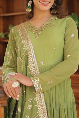 Parrot Green Color Designer Trending Georgette Gown Dupatta Collection 4
