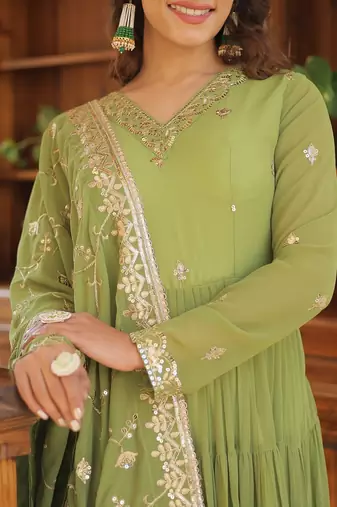 Parrot Green Color Designer Trending Georgette Gown Dupatta Collection