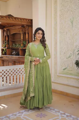 Parrot Green Color Designer Trending Georgette Gown Dupatta Collection
