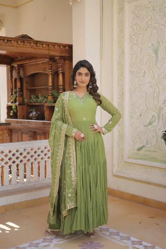 Parrot Green Color Designer Trending Georgette Gown Dupatta Collection