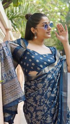 Dark rama blue silk blend kalamkari print/floral print golden woven border saree with unstitched blouse piece 1