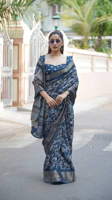 Dark rama blue silk blend kalamkari print/floral print golden woven border saree with unstitched blouse piece 2