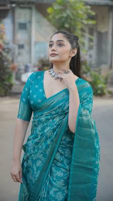 Teal silk blend kalamkari print/floral print golden woven border saree with unstitched blouse piece 1