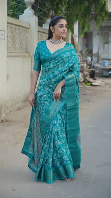 Teal silk blend kalamkari print/floral print golden woven border saree with unstitched blouse piece 2